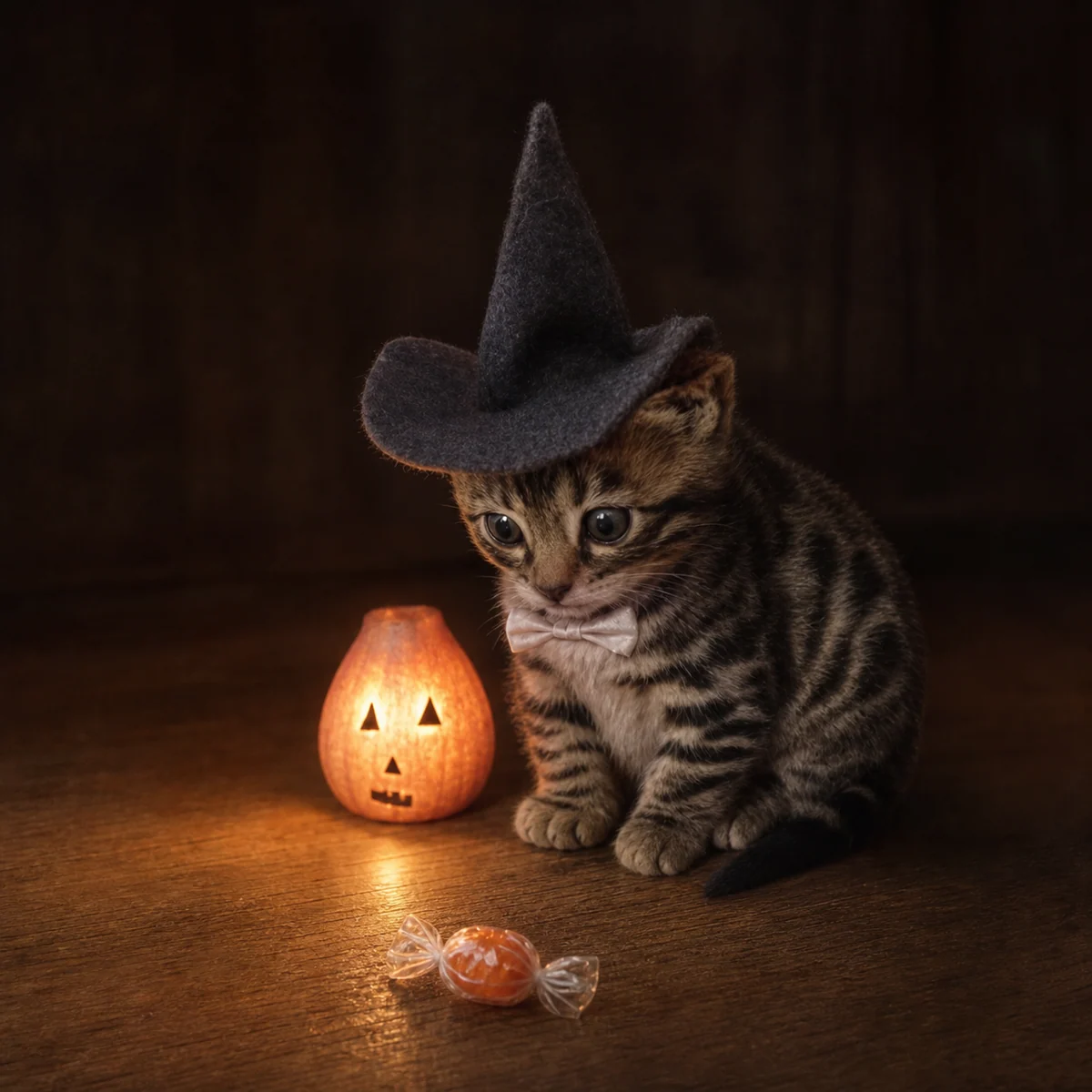Witch Cat sitting in front of a single wrapped sweet
