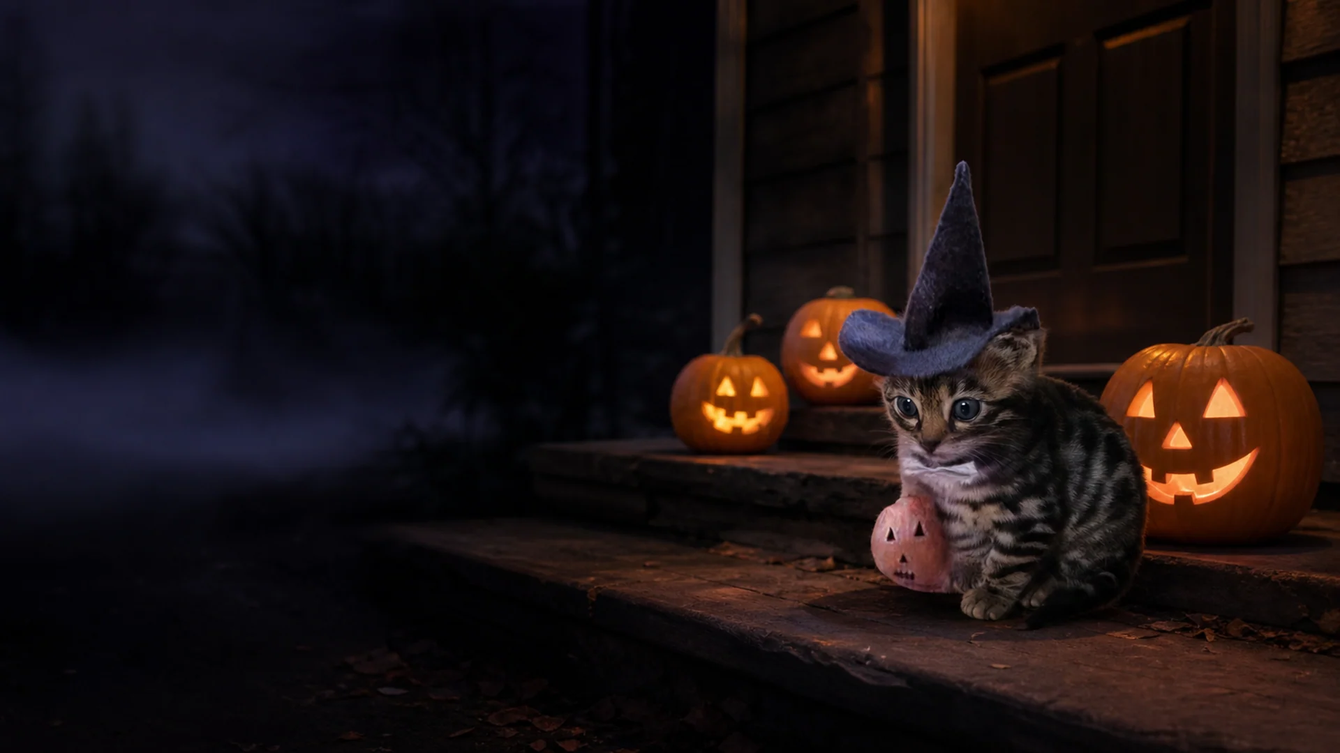 Witch Cat on a porch at night with lit pumpkins